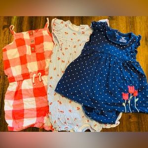 EUC Carter’s Baby Girl Rompers + Dress 18 mos
